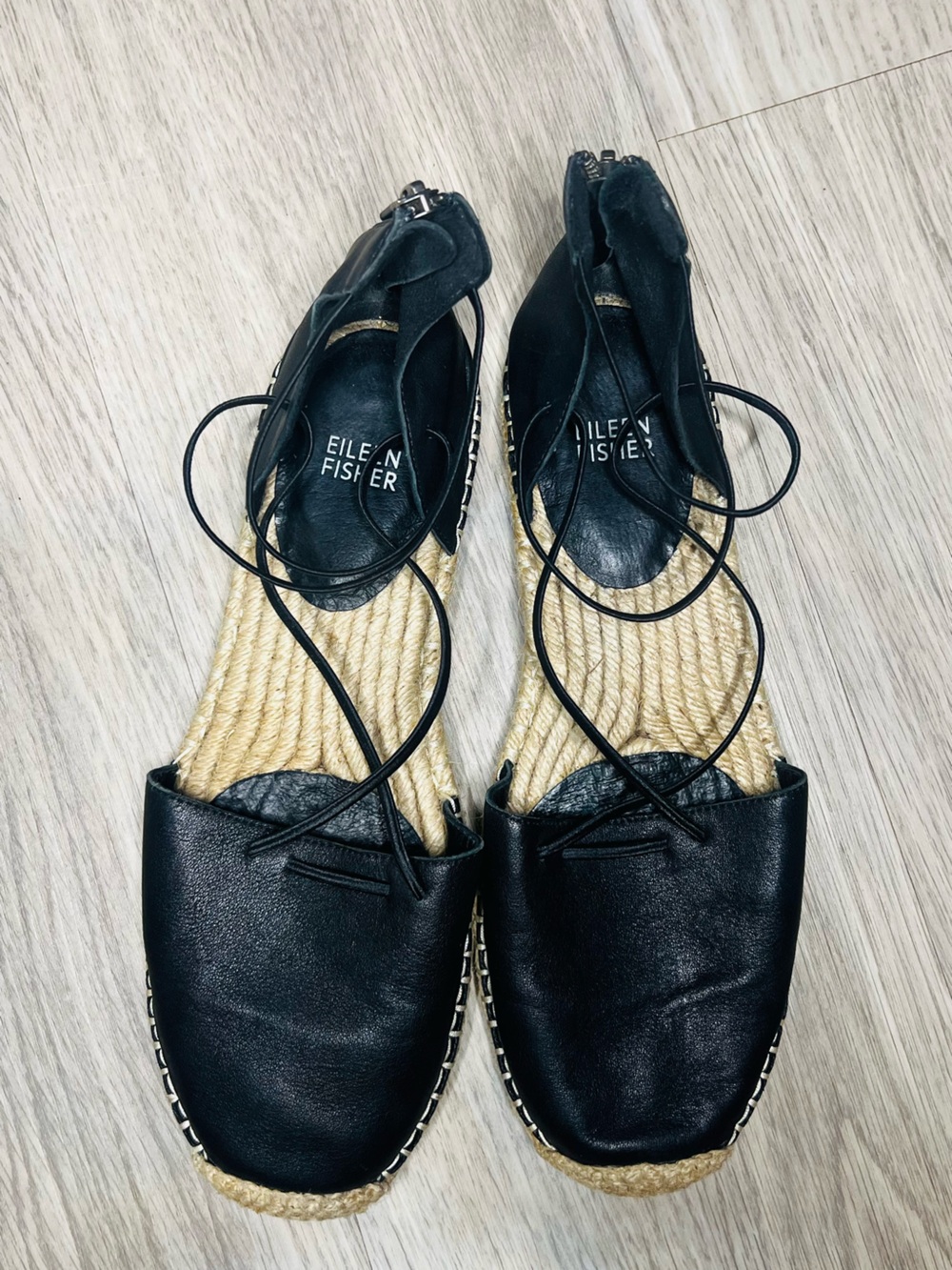 Eileen Fisher Black Leather Espadrille Flats Womens 9.5 Strappy Sandals‎ casual